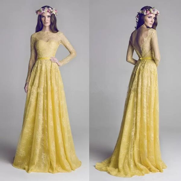 

hamda al fahim 2022 evening dress with long sleeve sheer bateau neck backless a-line yellow lace formal gowns long bridesmaid prom dresses, Black