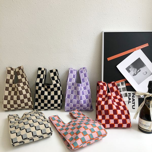 

fashion women japanese bag fashion trend knitting vest style high-grade texture leisure mini knit checkerboard grid tote handbag
