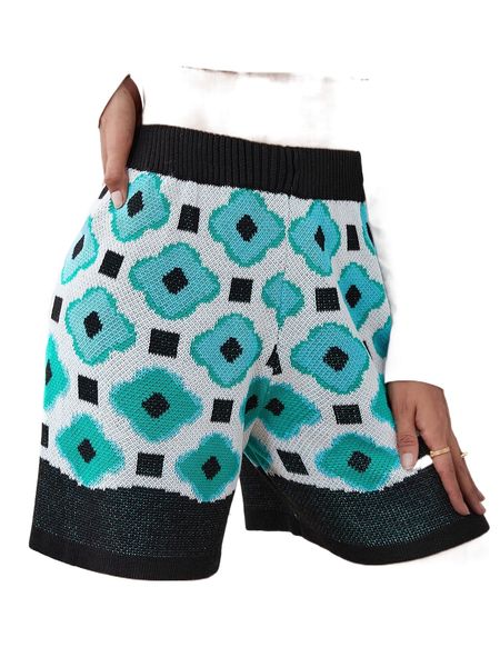 

geo pattern contrast trim knit shorts z21f#, White;black