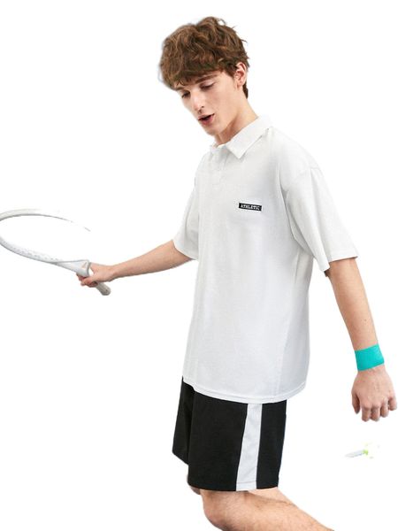 

men letter embroidered drop shoulder polo shirt q5zj#, White;black