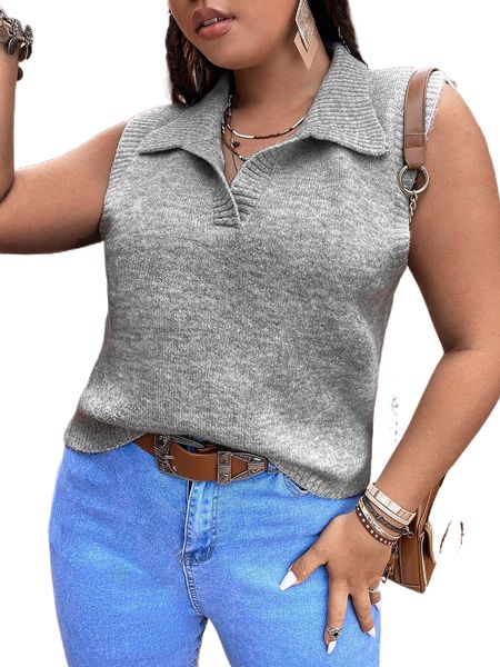 

plus solid collared sweater vest k0kx#, Black