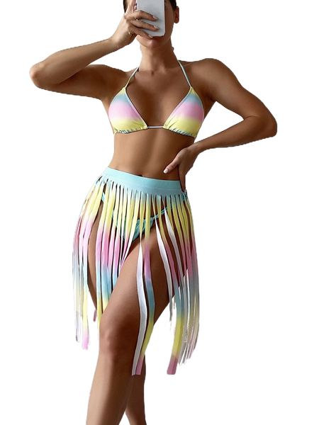 

ombre halter triangle bikini swimsuit with beach skirt j0ig#, White;black