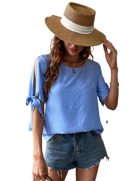 

swiss dot split sleeve knot cuff blouse t1t1#, White