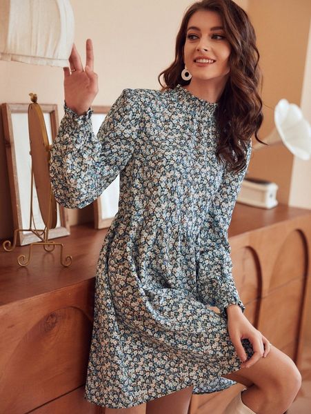 

ditsy floral bishop sleeve dress z5ts#, Black;gray