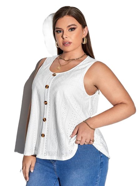 

plus fake button eyelet embroidered tank n7xx#, Black