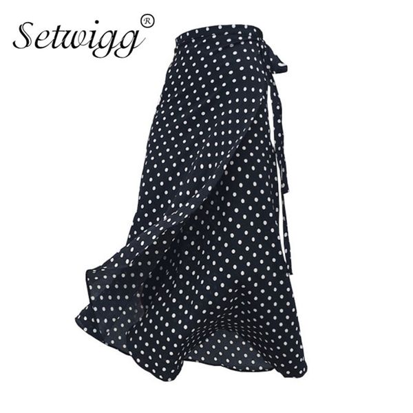 

summer bohemian polka dotted 1pc sashes long wrap skirts side split ruffled a line chiffon beach ankle long skirts t200712, Black