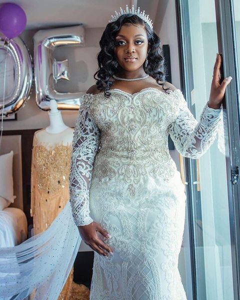 

plus size off shoulder mermaid wedding dresses 2022 long sleeve luxury arabic aso ebi beaded crystals sheer neck bridal gowns, White