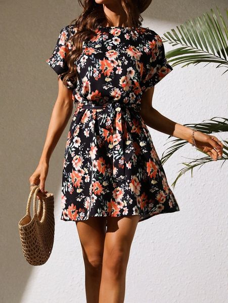 

allover floral print batwing sleeve belted dress e0qe#, Black;gray