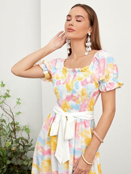 

allover print shirred belted frill trim a-line dress k5da#, Black;gray