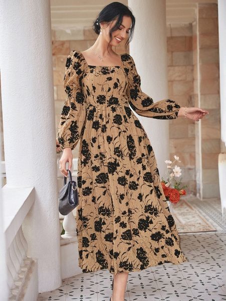 

floral print lantern sleeve square neck dress d63f#, Black;gray