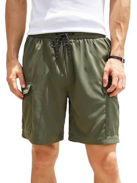 

men flap pocket side drawstring waist shorts e74j#, White;black