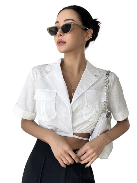 

dazy flap pocket button front crop shirt 18kq#, White