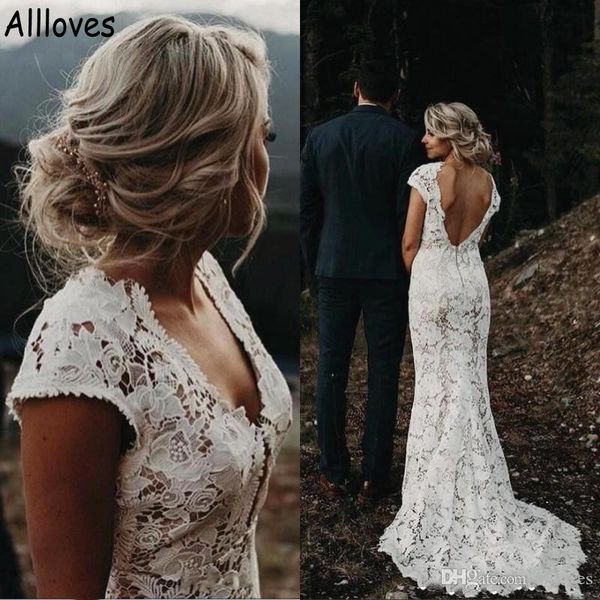 

rustic country lace mermaid wedding dresses v neck cap sleeves boho garden bridal gowns open back sweep train trupet brides robes de mariee, White