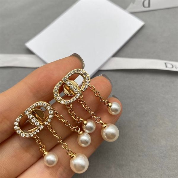 

letter tassel pearl earrings female simple full diamond earrings, Golden