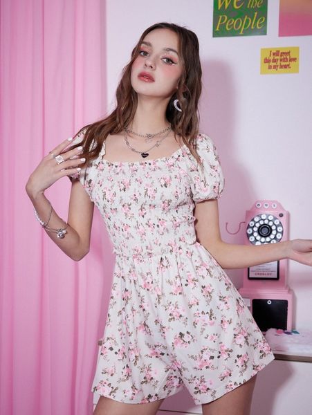 

romwe ditsy floral shirred romper j0yd#, Black;white
