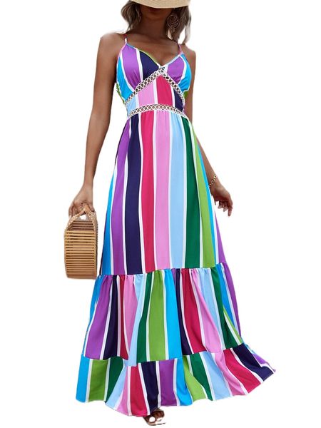 

colorful striped ruffle hem maxi cami dress t3zg#, Black;gray