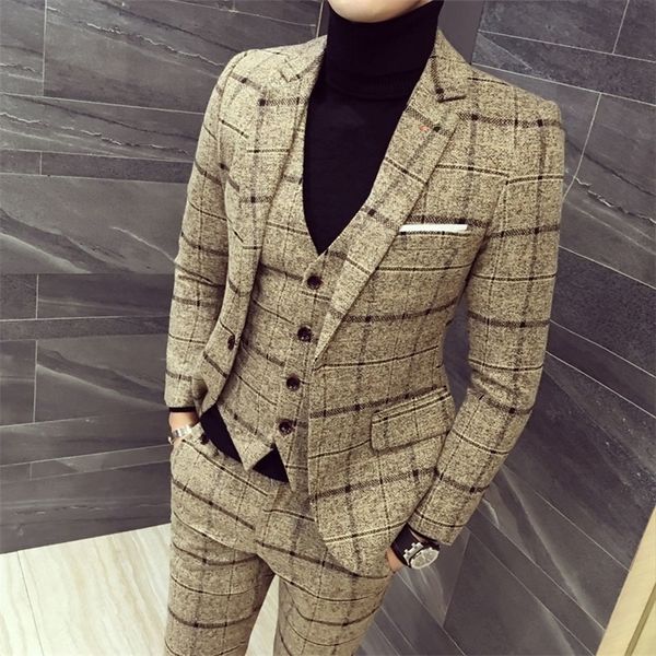 

mens threepiece set men blazer jacket vest pant plaid stripes mens suits 2019 asia size s5xl men suits t200319, White;black