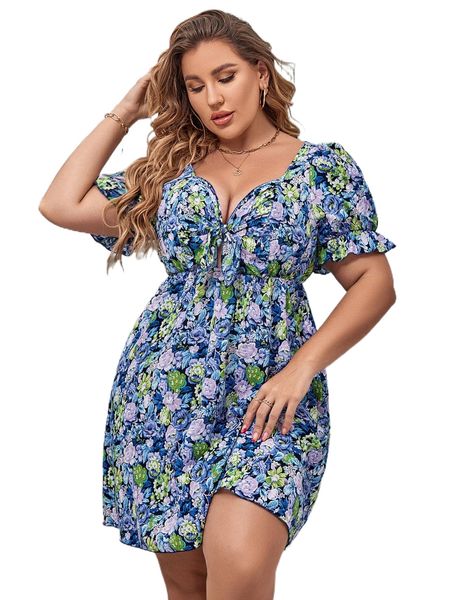 

plus allover floral print knot front puff sleeve dress w4fy#, Black