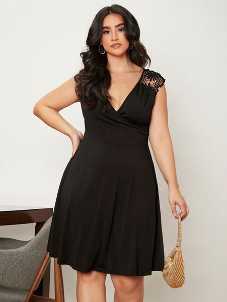 

plus contrast guipure lace overlap collar dress 936b#, Black