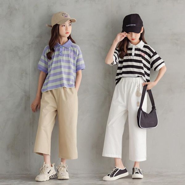 

clothing sets children's summer suit 2022 short-sleeved striped kids set girls clothes loose casual pants two-piece trend tracksuit, White