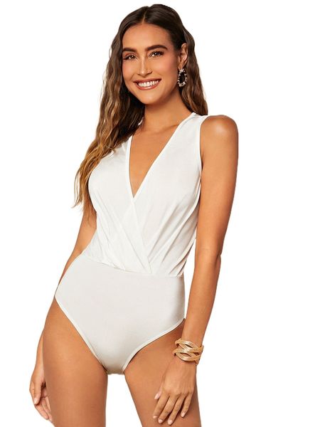 

solid surplice neck bodysuit r5iu#, White