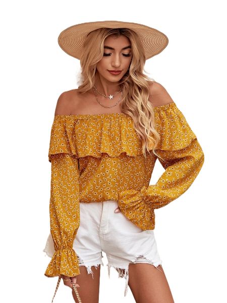 

ditsy floral print off shoulder ruffle trim flounce sleeve blouse s2ow#, White