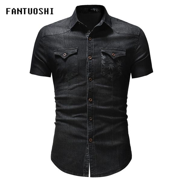 

men denim shirt summer new fashion denim blue shirt double pocket design casual slim short sleeves shirt size 3xl, White;black