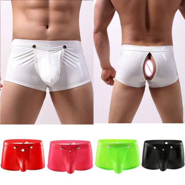 Unterhosen Herren Lackleder Trunks Boxershorts Open BuShorts Sexy abnehmbare Knopftasche Wet Look Unterwäsche