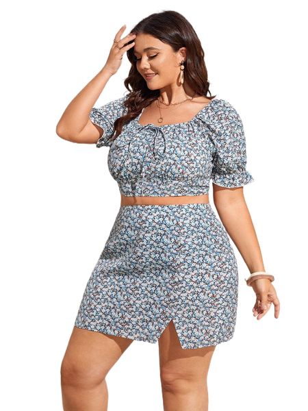 

plus ditsy floral tie front flounce sleeve crop & split hem skirt o9pq#, Black