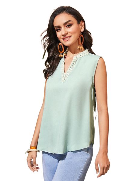 

guipure lace detail notched neck blouse o10t#, White