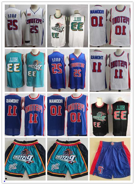 

2020 mens detroit''pistons''jersey throwback grant 33 hill isiah 11 thomas dennis 10 rodman blue white basketball shorts, Black;red