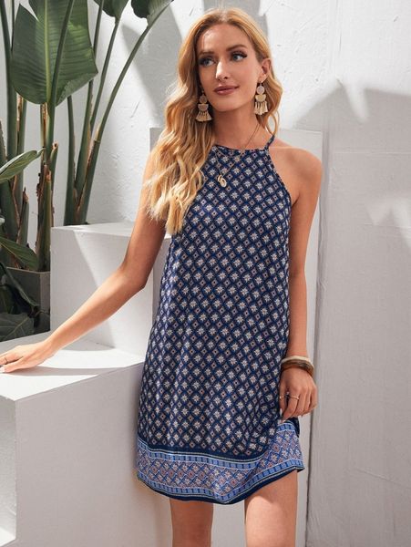 

geo print halter dress m3la#, Black;gray