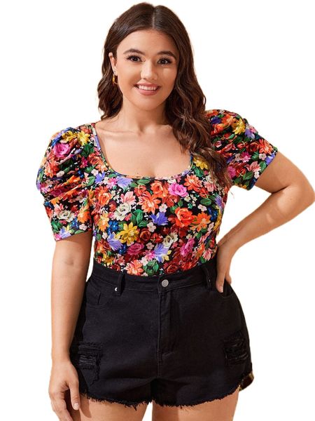 

plus allover floral print puff sleeve blouse s4on#, Black