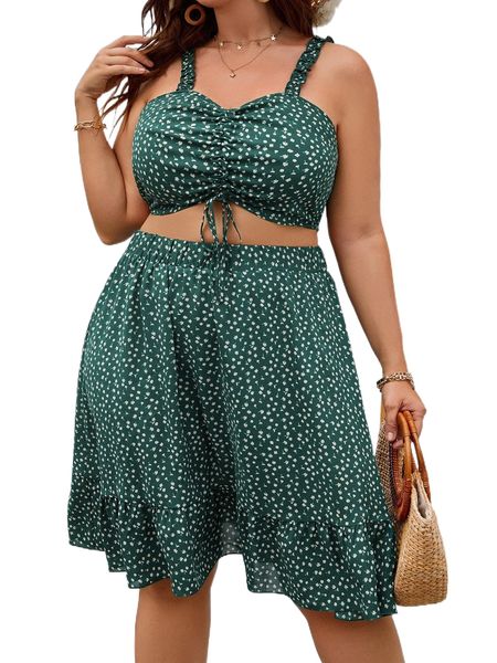 

plus ditsy floral drawstring crop cami & ruffle hem skirt a5zs#, Black