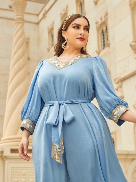 

plus contrast trim lantern sleeve belted dress r7aa#, Black