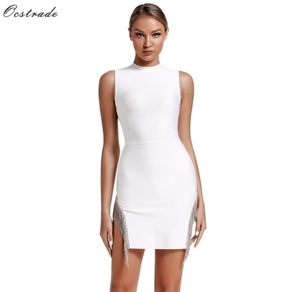 

ocstrade arrival summer crystal trim bandage party dress white bandage dres sleeveless bodycon mini dress y200120, White;black