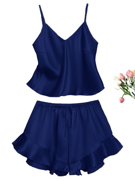 

ruffle hem satin pj set f43s#, Black;red