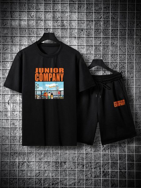 

men figure & letter graphic tee & shorts 16xl#, Gray