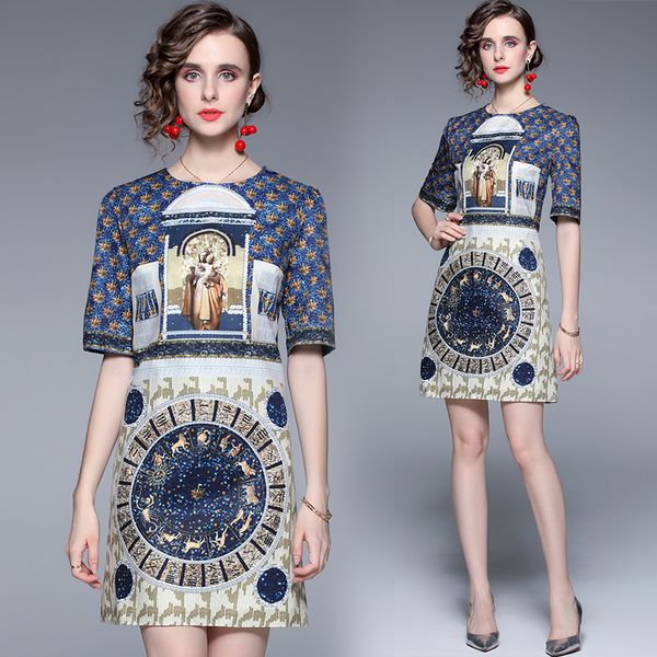 

dropshipping summer vintage floral print crew o round neck short sleeve women ladies party casual a-line beach shift short dress, Gray