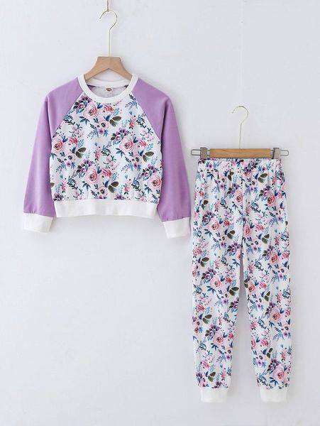 

girls floral panel contrast raglan sleeve sweatshirt & sweatpants she, White