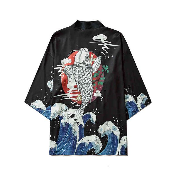 

men's casual shirts summer chinese style wave carp printed seven sleeve taoist robe lovers casual sunscreen shirt 7ojo, White;black