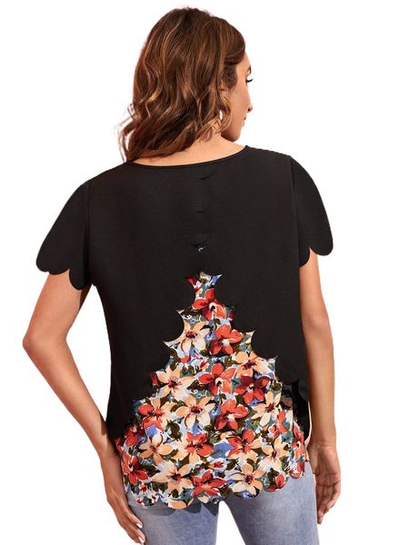 

contrast floral print scallop trim b9t7#, White