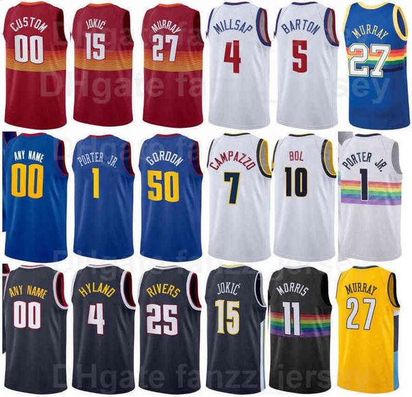 

screen print basketball jamal murray jersey 27 nikola 15 michael porter jr 1 will barton 5 paul millsap 4 aaron gordon 50 navy blue white ye, Black