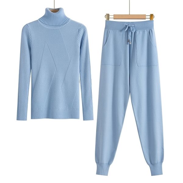 

gigogou women knitted tracksuit turtleneck sweater casual suit autumn winter 2 piece set knit pants sporting suit femme clothing lj201120, White