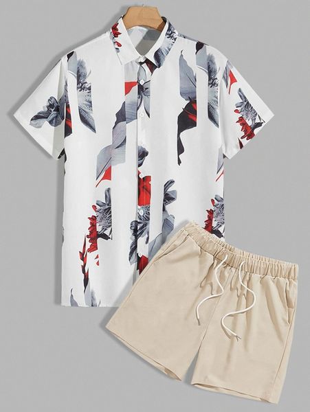 

romwe guys allover print shirt & drawstring shorts c7ew#, Gray