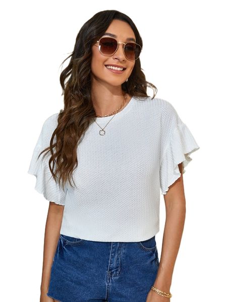 

flounce sleeve waffle knit tee n5jo#, White