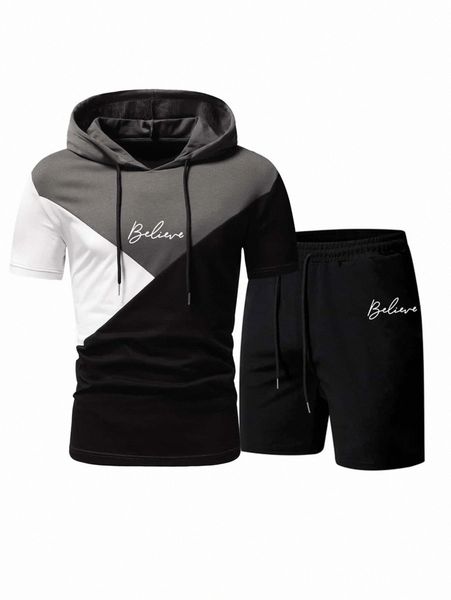

men color block letter graphic drawstring hooded tee & shorts g193#, Gray