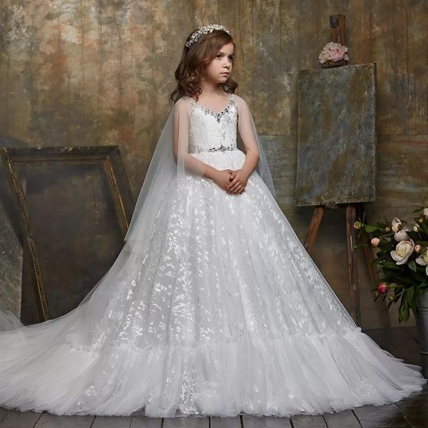 Nuovo abito da ballo in pizzo con perline Abiti da ragazza di fiori con involucro per abiti da spettacolo per bambini da sposa Abito da prima comunione in tulle con strascico