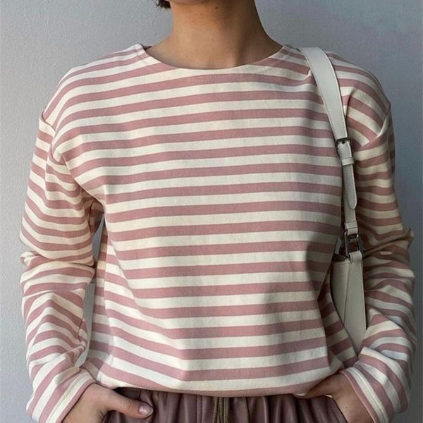 

wotwoy autumn long sleeve loose striped tshirt women casual cotton basic tee shirt female knitted harajuku gothic 220810, White