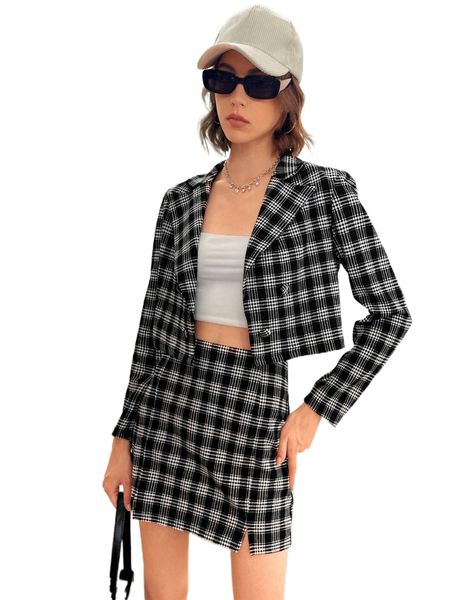 

plaid crop blazer & split hem skirt r30d#, White